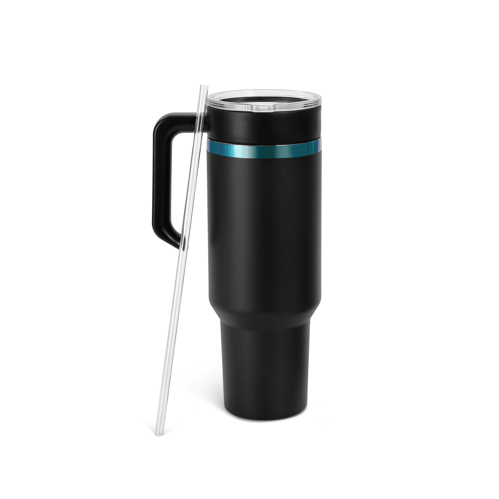 Black 40 oz. tumbler with a rainbow plated twist-on handle and lid
