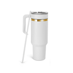 White 40 oz. tumbler with a gold plated twist-on handle and lid