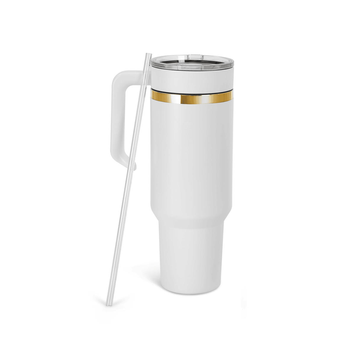 White 40 oz. tumbler with a gold plated twist-on handle and lid