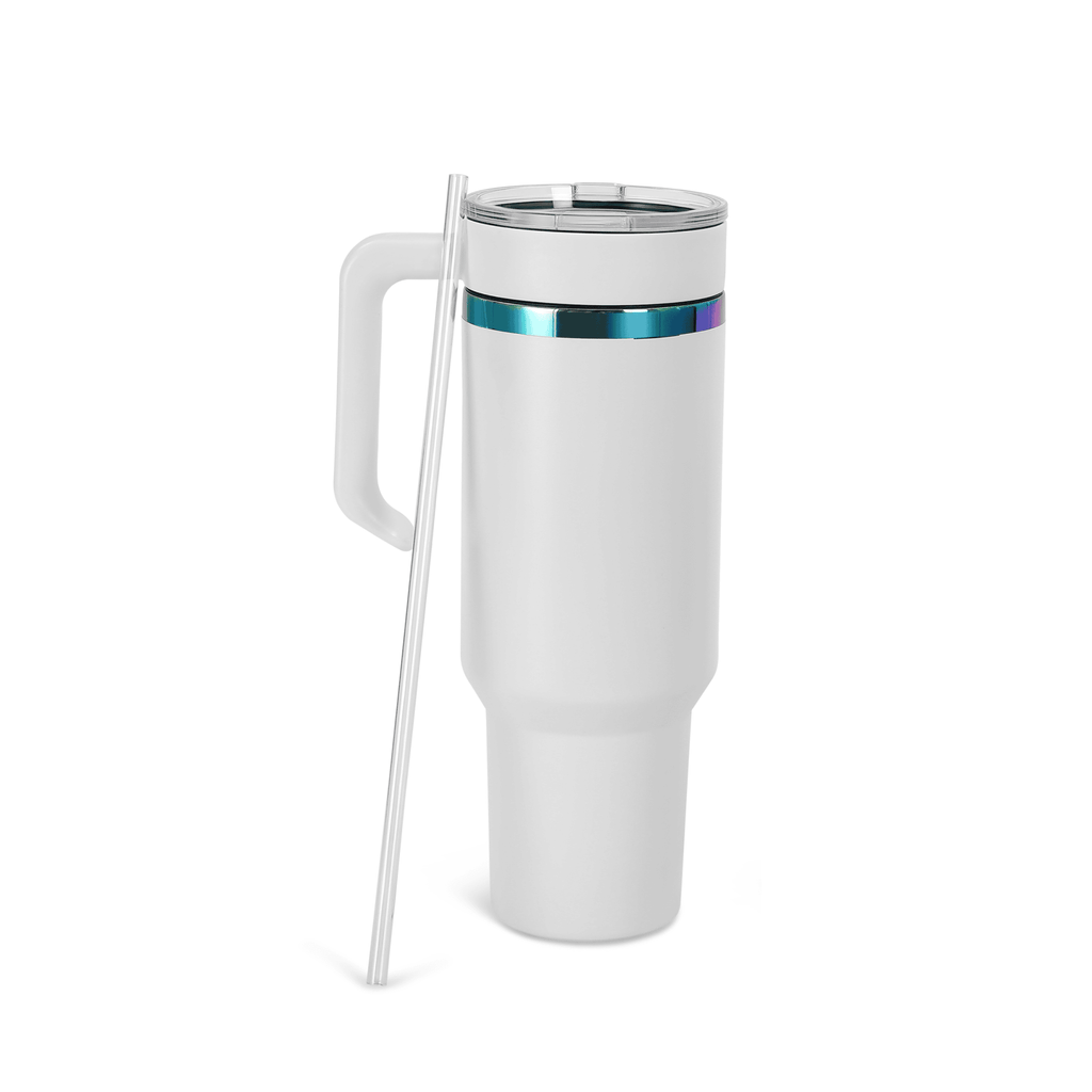 White 40 oz. tumbler with a rainbow plated twist-on handle and lid