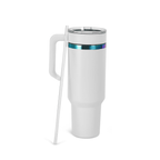 White 40 oz. tumbler with a rainbow plated twist-on handle and lid