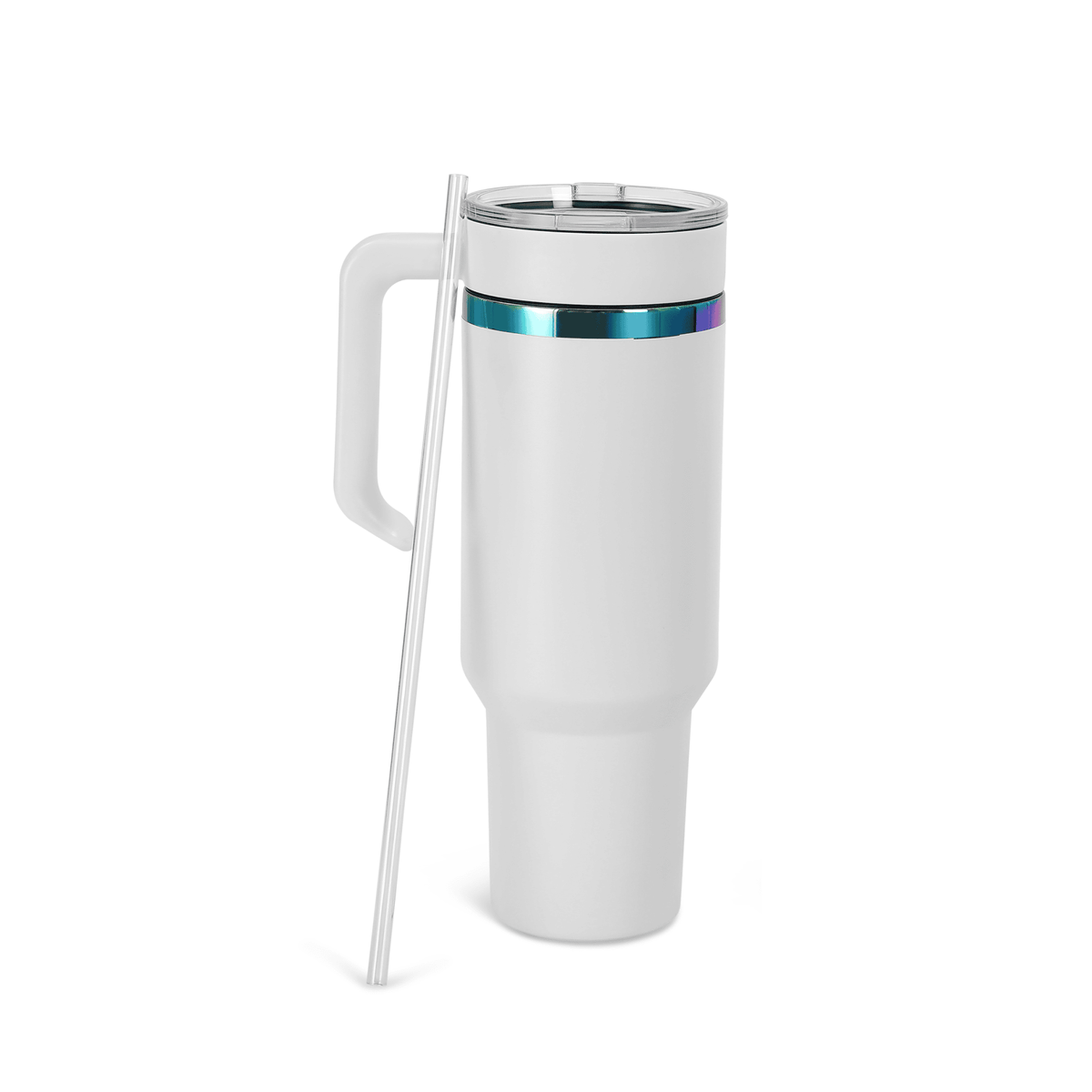 White 40 oz. tumbler with a rainbow plated twist-on handle and lid