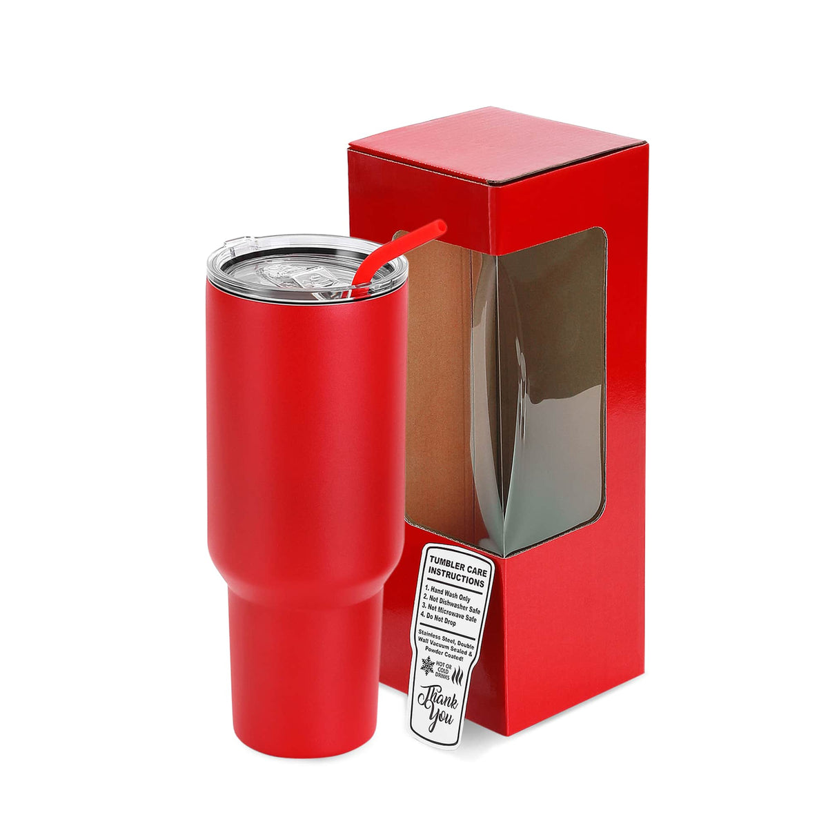 Red 40 oz. powder coated tumbler with its gift box