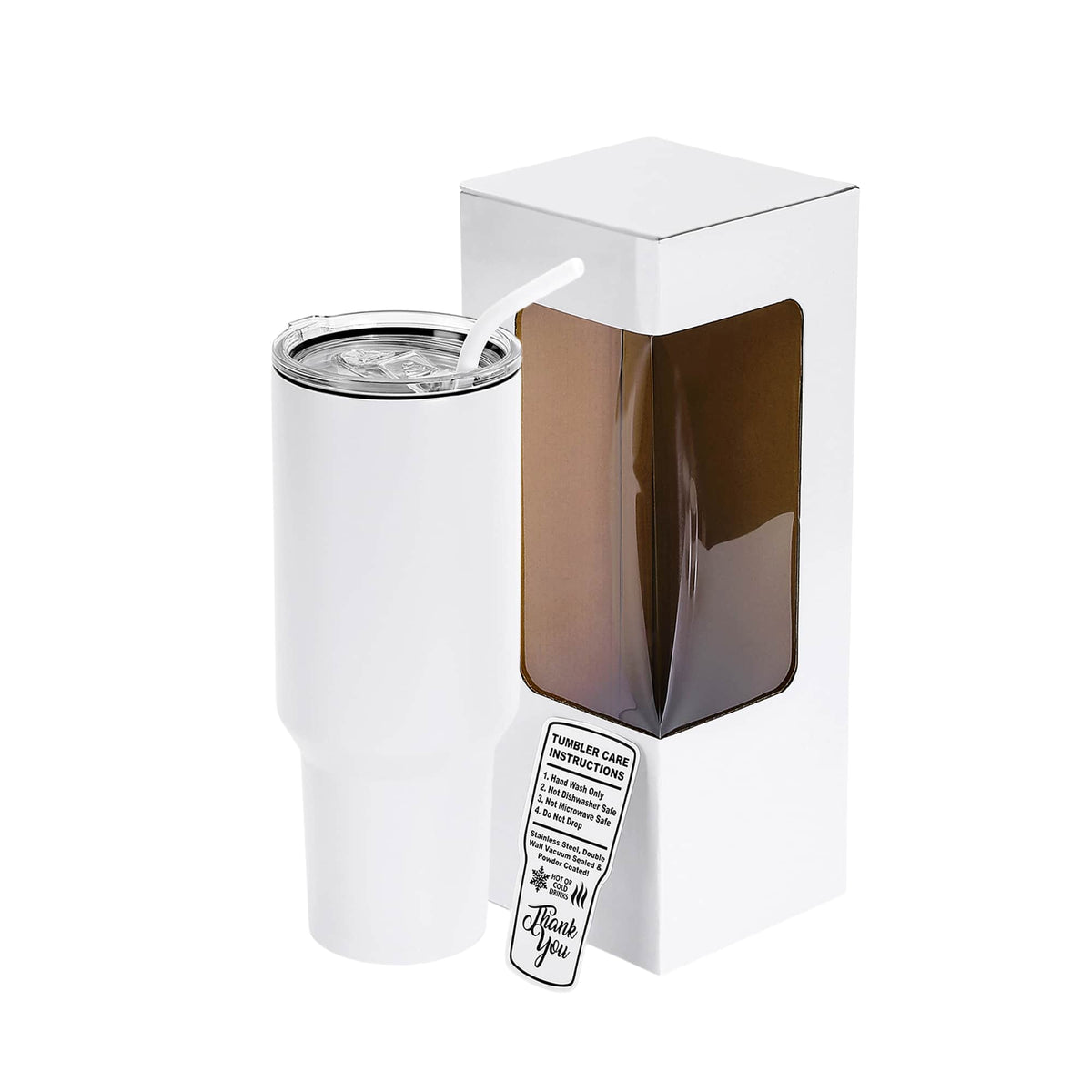 White 40 oz. powder coated tumbler with its gift box
