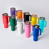 40 oz. Tumbler with twist-on handle in powder coated stainless steel — custom engraved tumbler by Solano Laser Craft