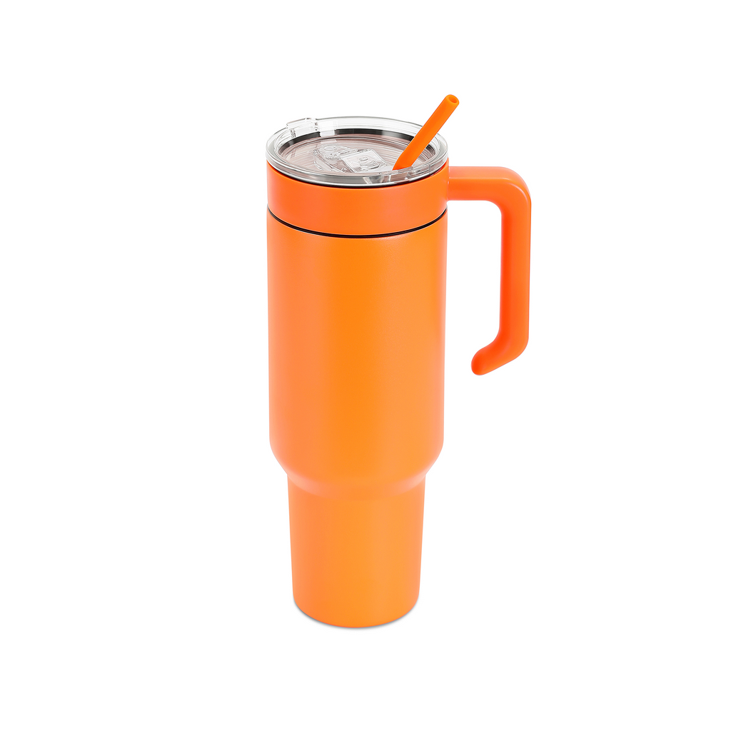 Orange 40 oz. tumbler with a matching twist-on handle