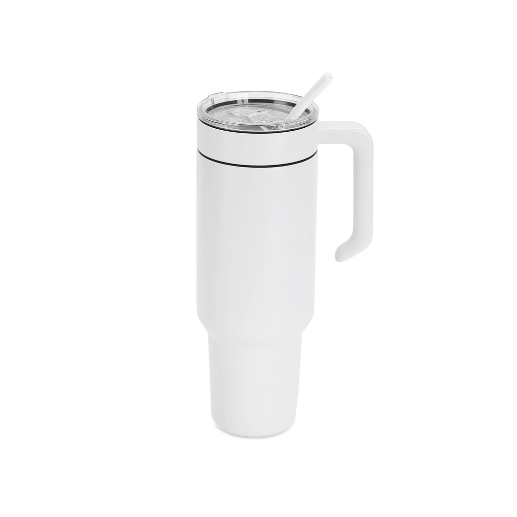 White 40 oz. tumbler with a matching twist-on handle