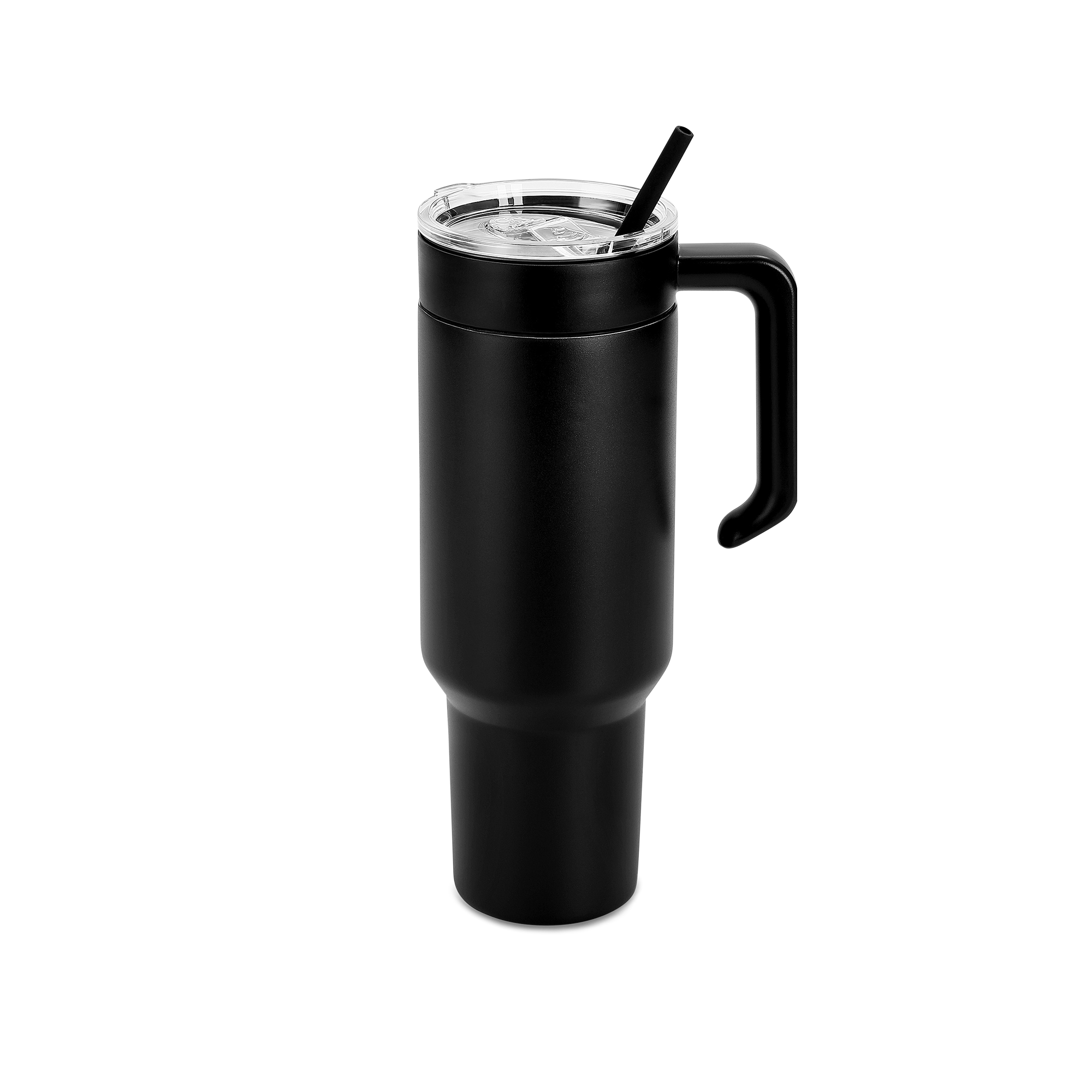 Black 40 oz. tumbler with a matching twist-on handle