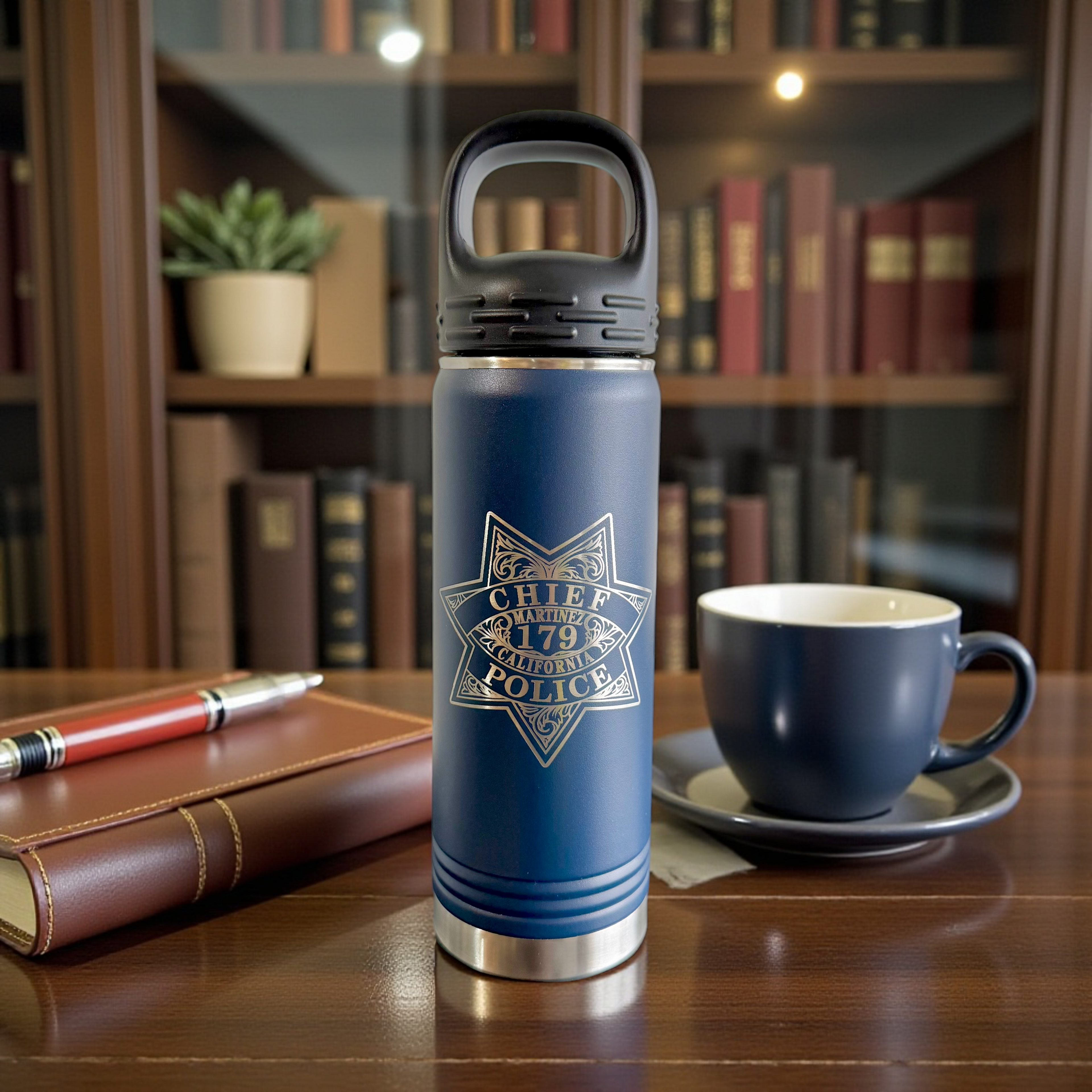 Blue tumbler with police badge engraving