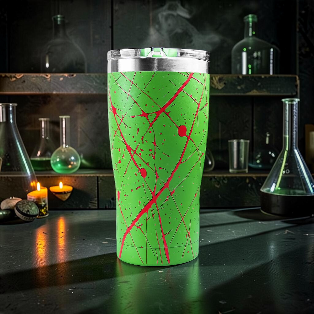 Back of the Zombie Green tumbler, red splatter on bright green, in a candlelit mad scientist's lab
