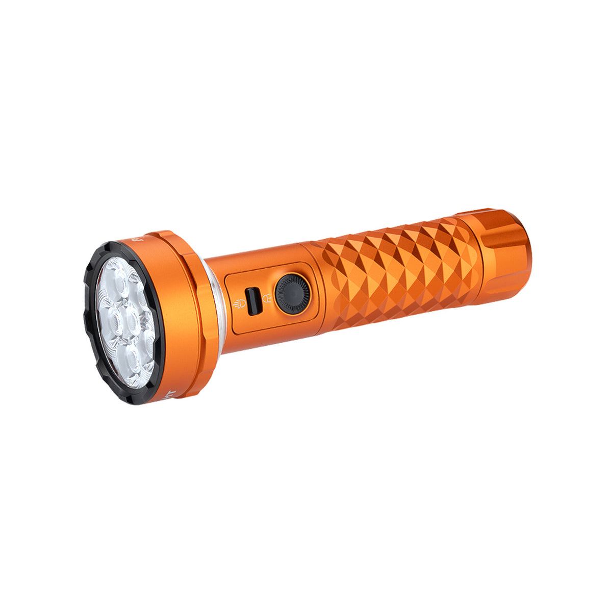 Olight Prowess flashlight in Orange, angled view of the six-LED head and diamond-textured grip