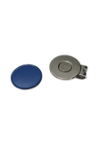 Blue magnetic hat clip with a removable round golf ball marker