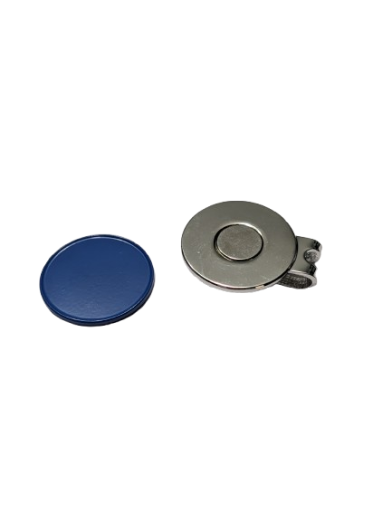 Blue magnetic hat clip with a removable round golf ball marker