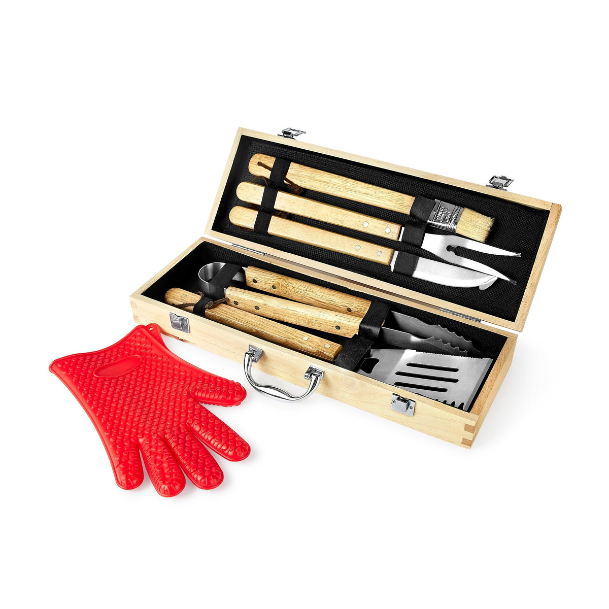 Stainless steel spatula, tongs, fork, knife and skewers from the ten piece barbecue grill set — custom engraved BBQ set by Solano Laser Craft
