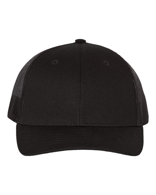 Black Richardson 112Y youth trucker cap with mesh back — custom patch kids hat