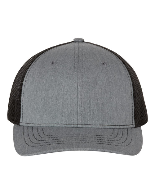 Heather Grey and Black Richardson 112Y youth trucker cap with mesh back — custom patch kids hat