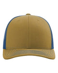 Biscuit and True Blue Richardson 112 six-panel mesh back cap — custom patch trucker hat