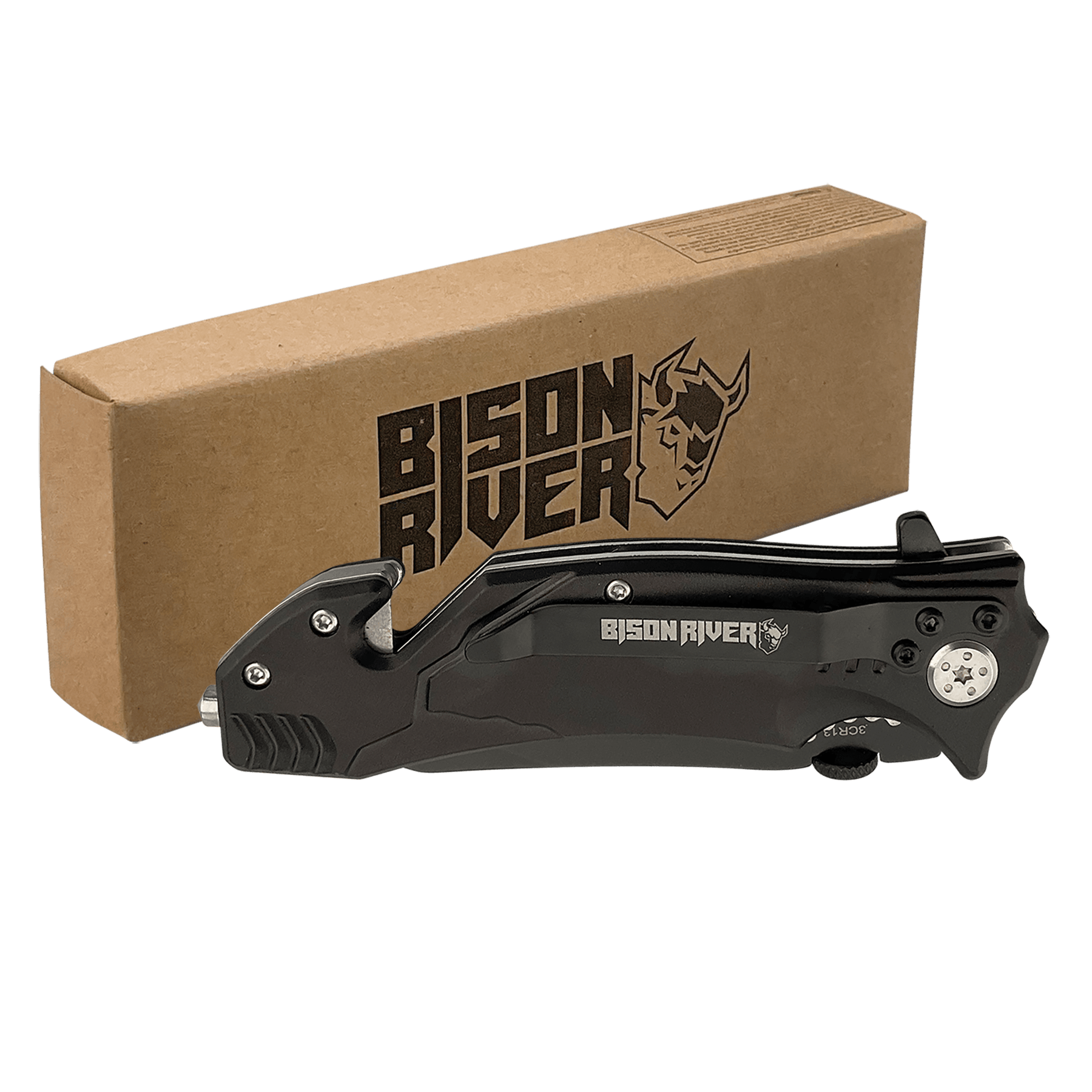 Black Bison River rescue knife with a belt clip, shown closed beside its kraft Bison River gift box