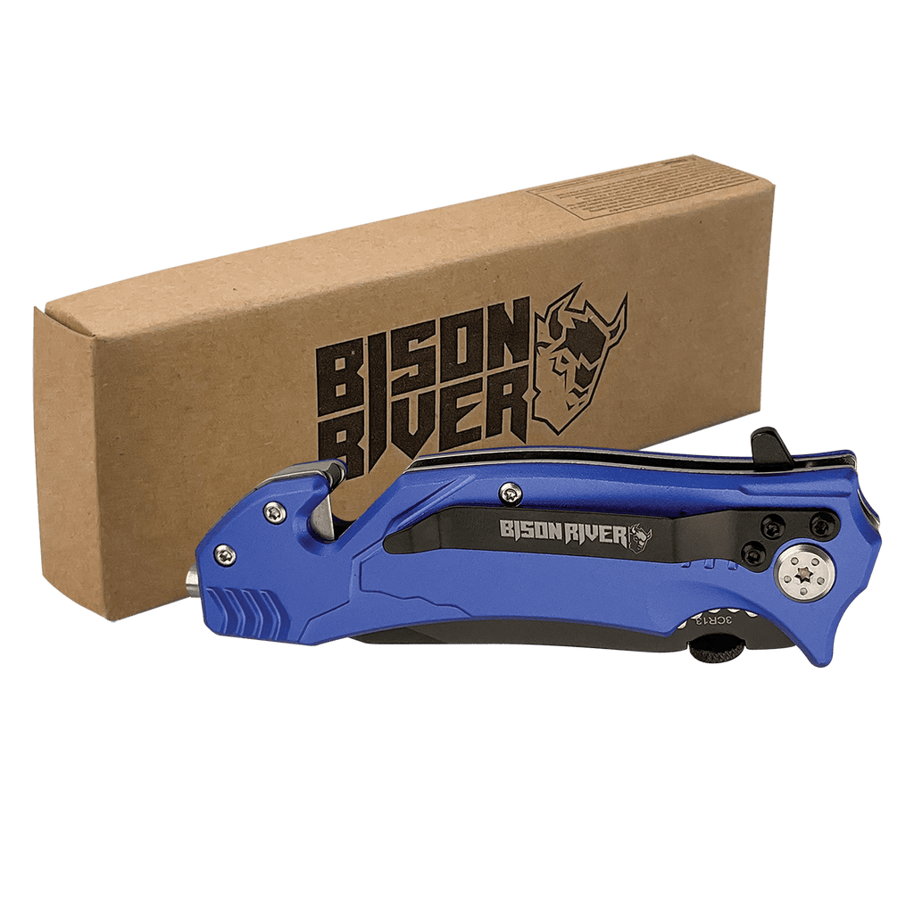 Blue Bison River rescue knife with a belt clip, shown closed beside its kraft Bison River gift box