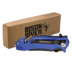 Blue Bison River rescue knife with a belt clip, shown closed beside its kraft Bison River gift box