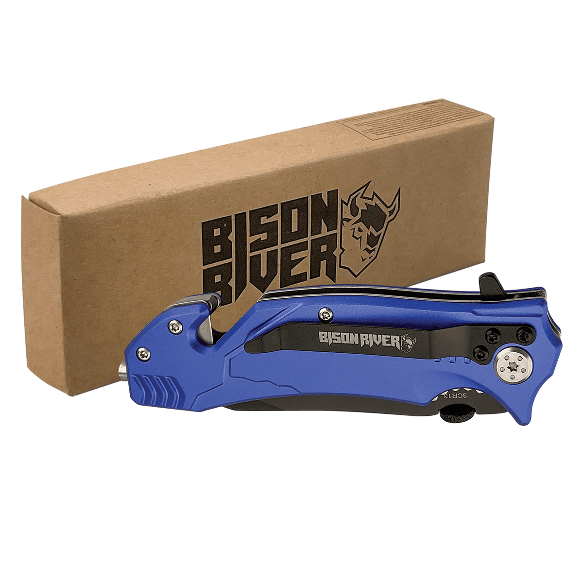 Blue Bison River rescue knife with a belt clip, shown closed beside its kraft Bison River gift box