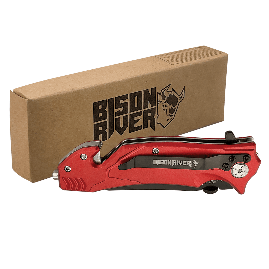 Red Bison River rescue knife with a belt clip, shown closed beside its kraft Bison River gift box