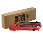 Red Bison River rescue knife with a belt clip, shown closed beside its kraft Bison River gift box