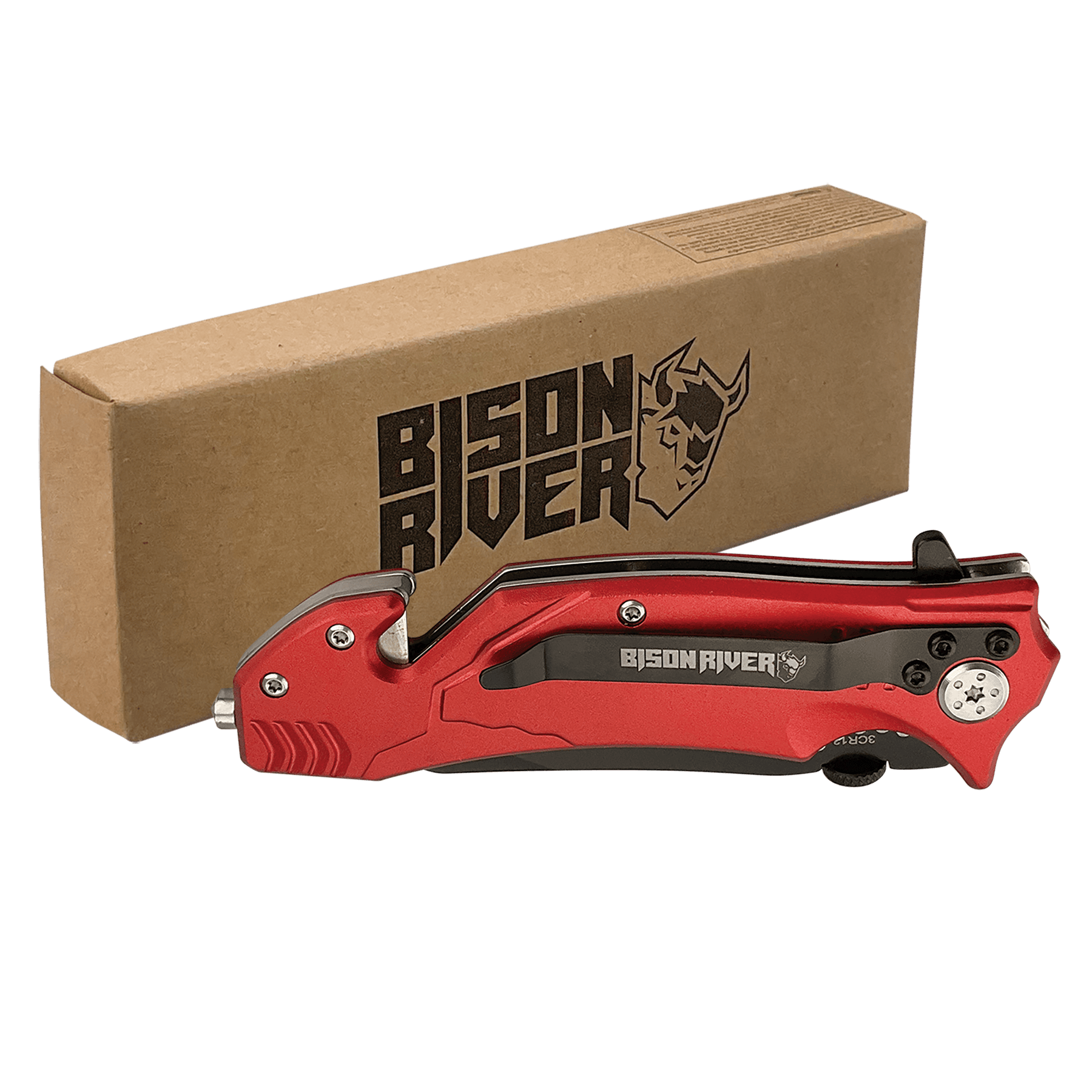 Red Bison River rescue knife with a belt clip, shown closed beside its kraft Bison River gift box