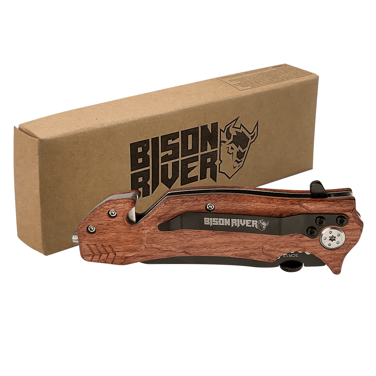 Wood-handled Bison River rescue knife with a belt clip, shown closed beside its kraft Bison River gift box