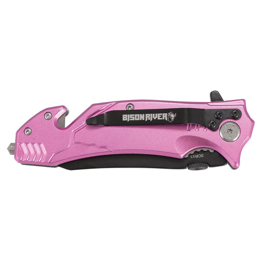 Pink Bison River rescue knife with a belt clip, shown closed beside its kraft Bison River gift box