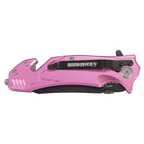 Pink Bison River rescue knife with a belt clip, shown closed beside its kraft Bison River gift box