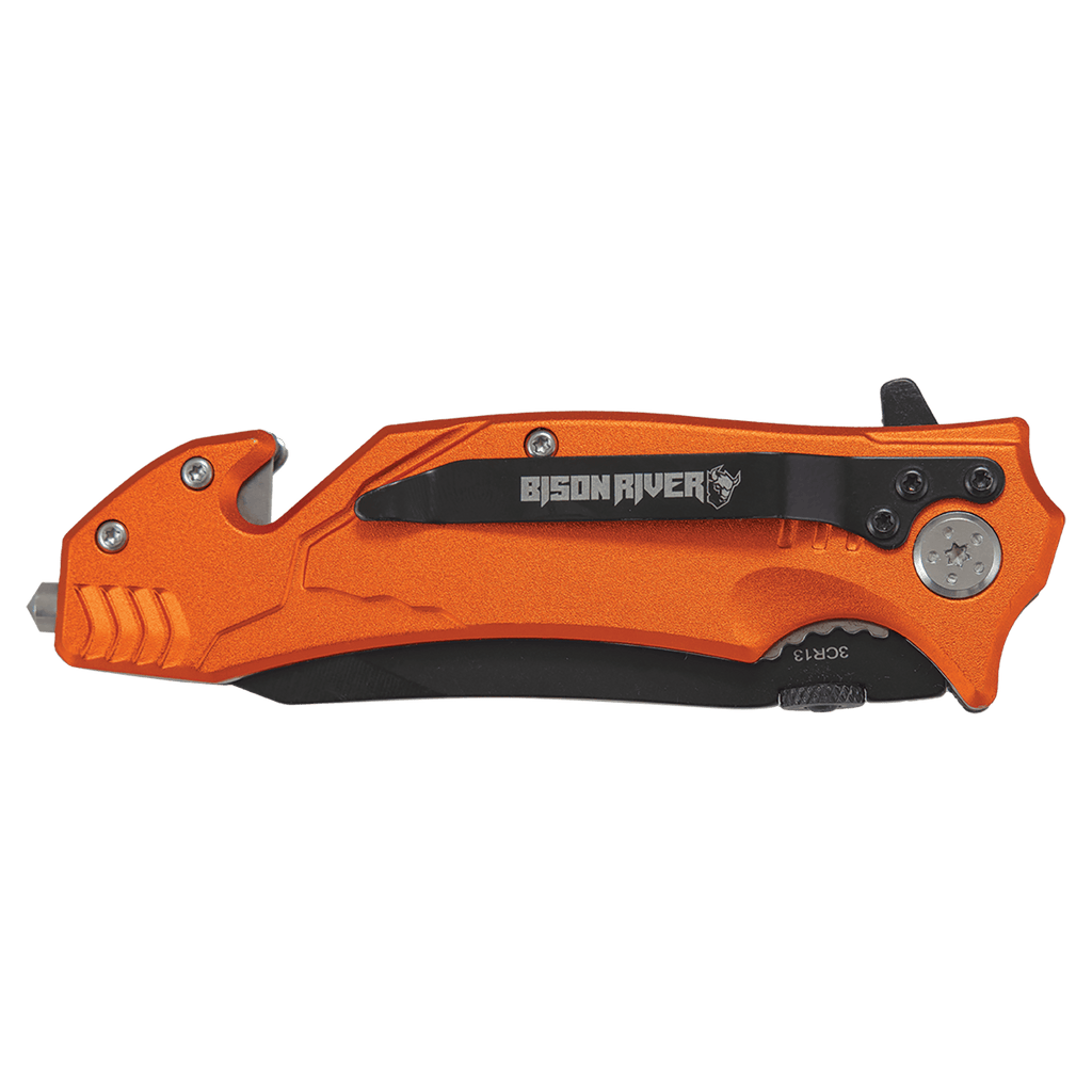 Orange Bison River rescue knife with a belt clip, shown closed beside its kraft Bison River gift box