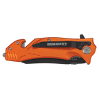 Orange Bison River rescue knife with a belt clip, shown closed beside its kraft Bison River gift box