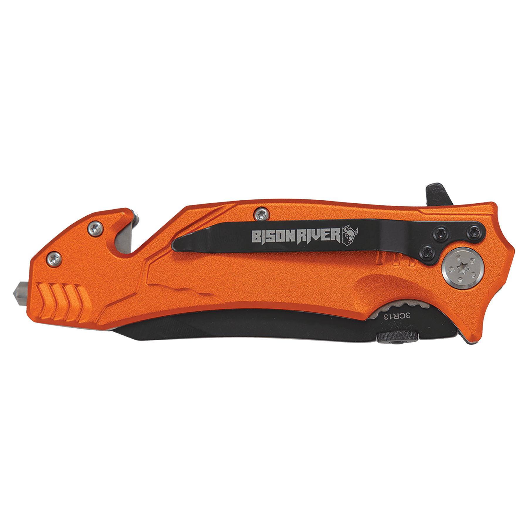 Orange Bison River rescue knife with a belt clip, shown closed beside its kraft Bison River gift box