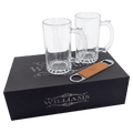 Beer mug gift set engraved with a family name on the box, a monogram on each mug and on the bottle opener
