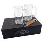 Beer mug gift set engraved with a family name on the box, a monogram on each mug and on the bottle opener