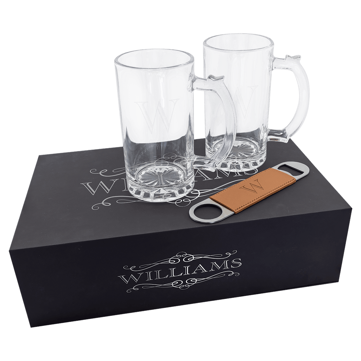 Beer mug gift set engraved with a family name on the box, a monogram on each mug and on the bottle opener