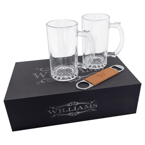 Beer mug gift set engraved with a family name on the box, a monogram on each mug and on the bottle opener
