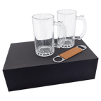 Beer mug gift set with two 14 oz. glass mugs and a tan leatherette bottle opener on its black gift box