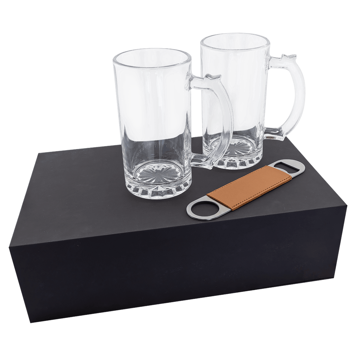 Beer mug gift set with two 14 oz. glass mugs and a tan leatherette bottle opener on its black gift box