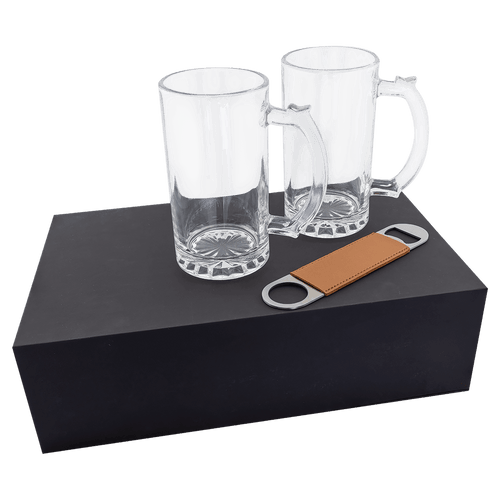 Beer mug gift set with two 14 oz. glass mugs and a tan leatherette bottle opener on its black gift box