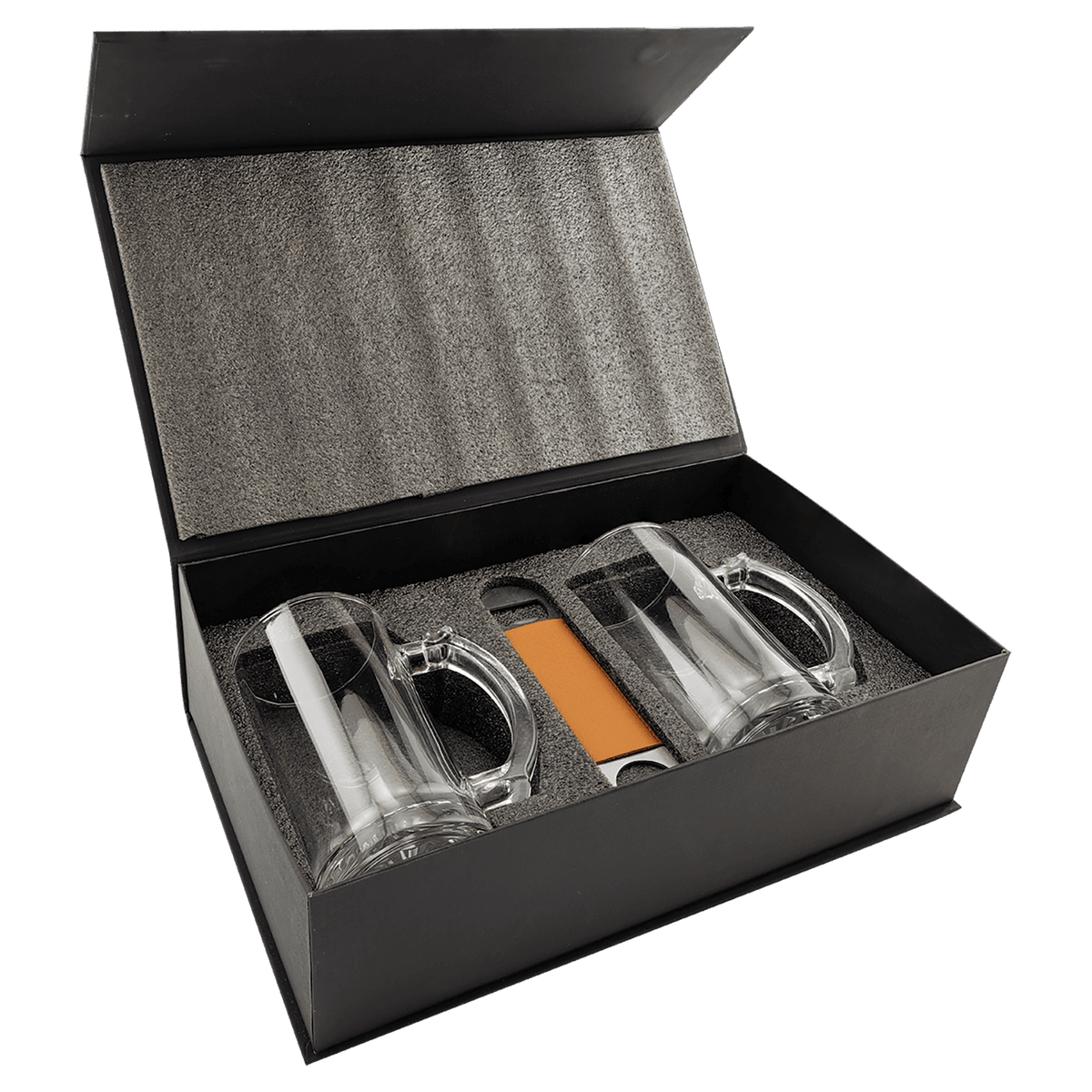 Black gift box open to show two beer mugs and a leatherette bottle opener set in gray foam