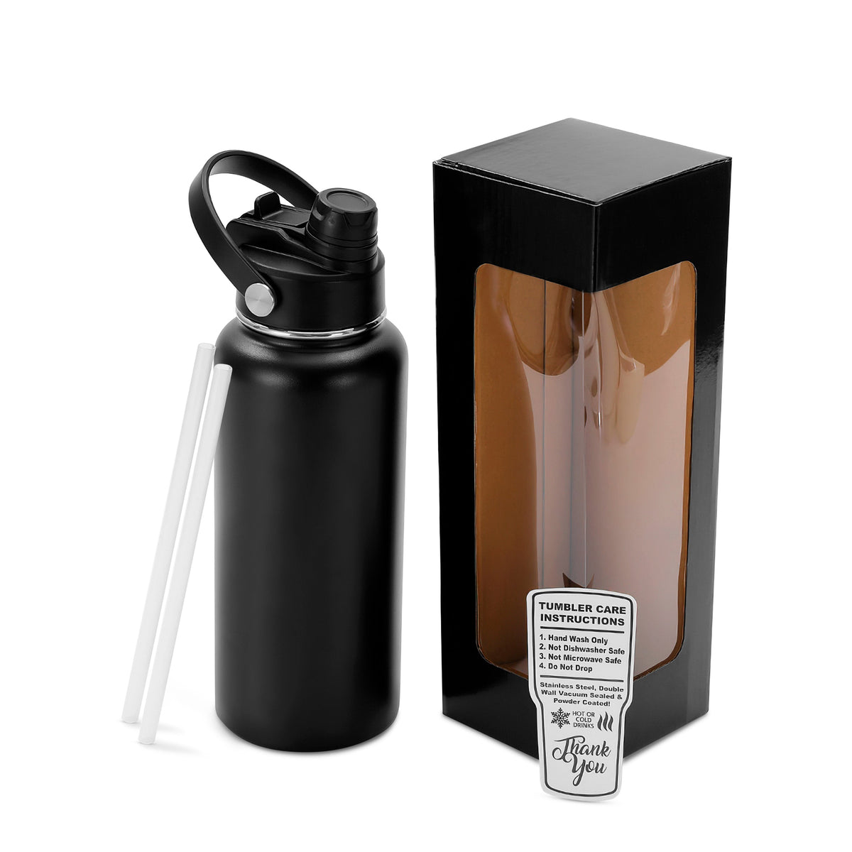 Black 32 oz. insulated water bottle with sport lid and gift box