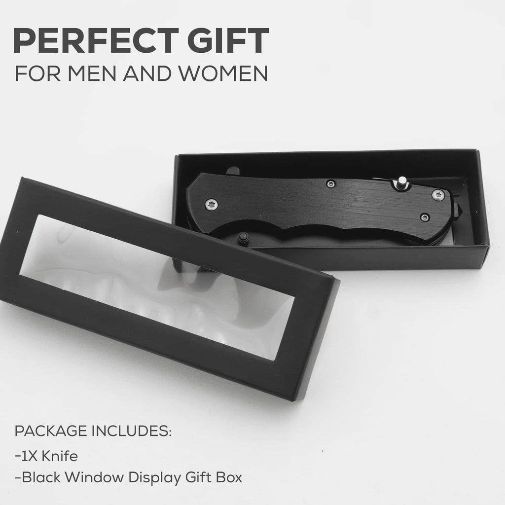 Spring assisted pocket knife in a black window display gift box with foam inset — custom engraved pocket knife by Solano Laser Craft