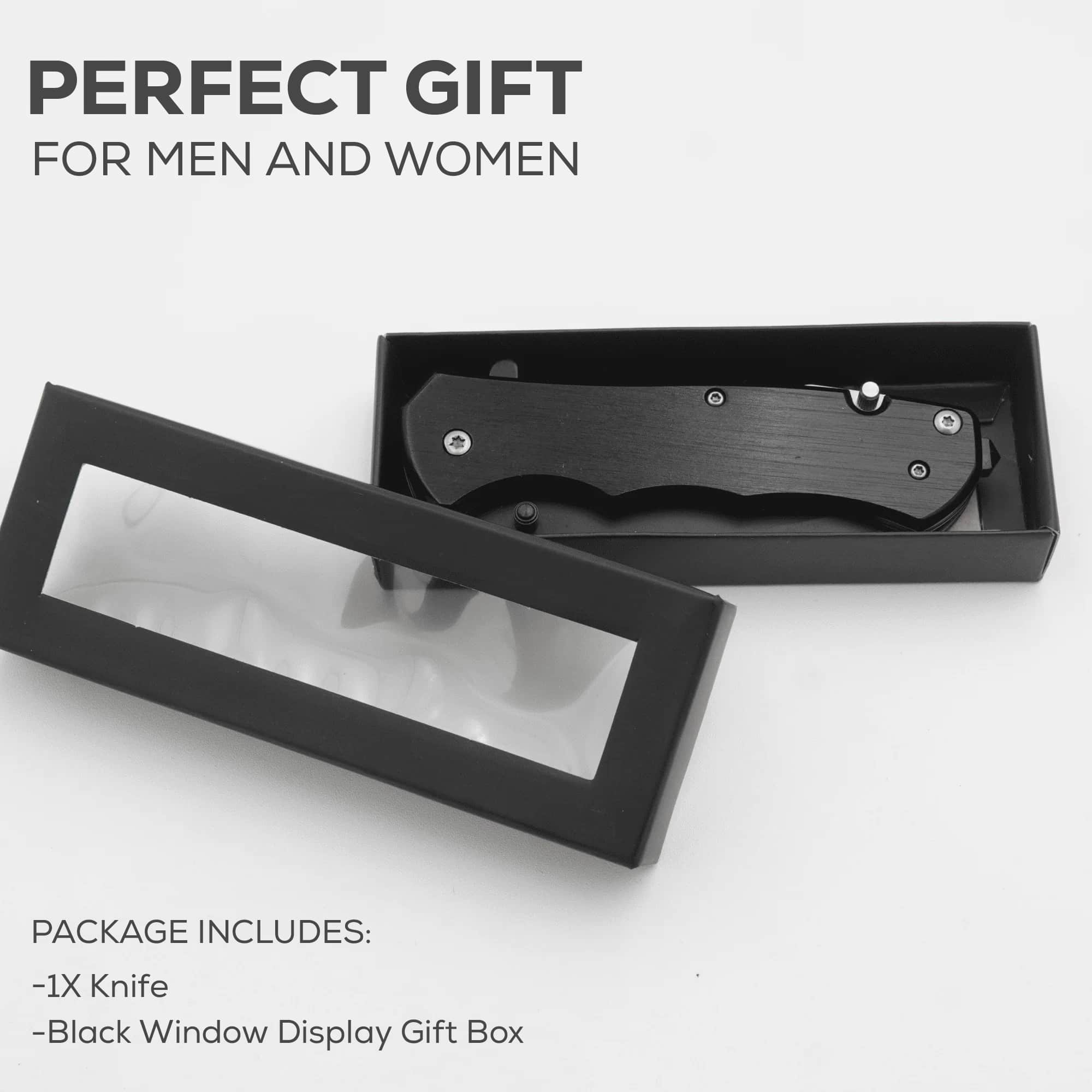 Spring assisted pocket knife in a black window display gift box with foam inset — custom engraved pocket knife by Solano Laser Craft