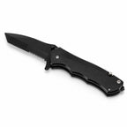 Spring assisted pocket knife with a black anodized aluminum handle, blade open