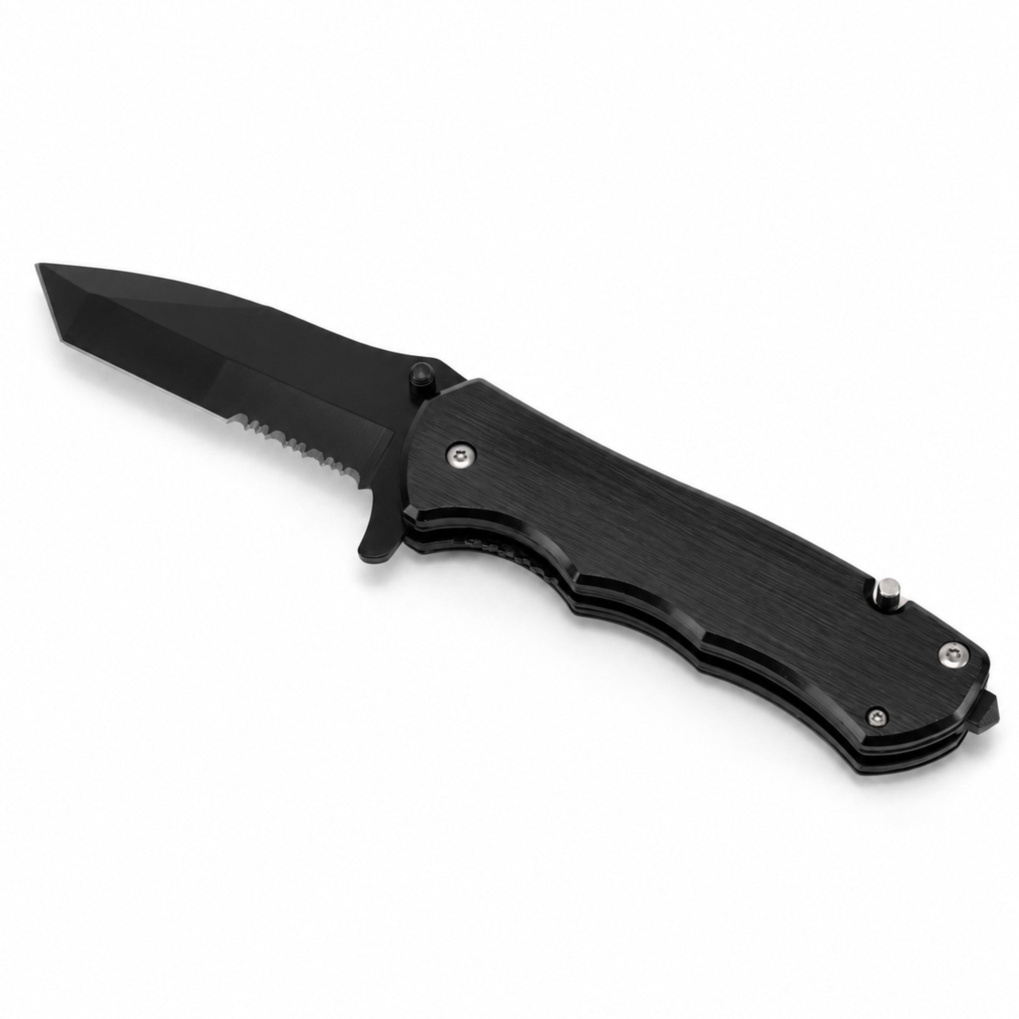 Spring assisted pocket knife with a black anodized aluminum handle, blade open