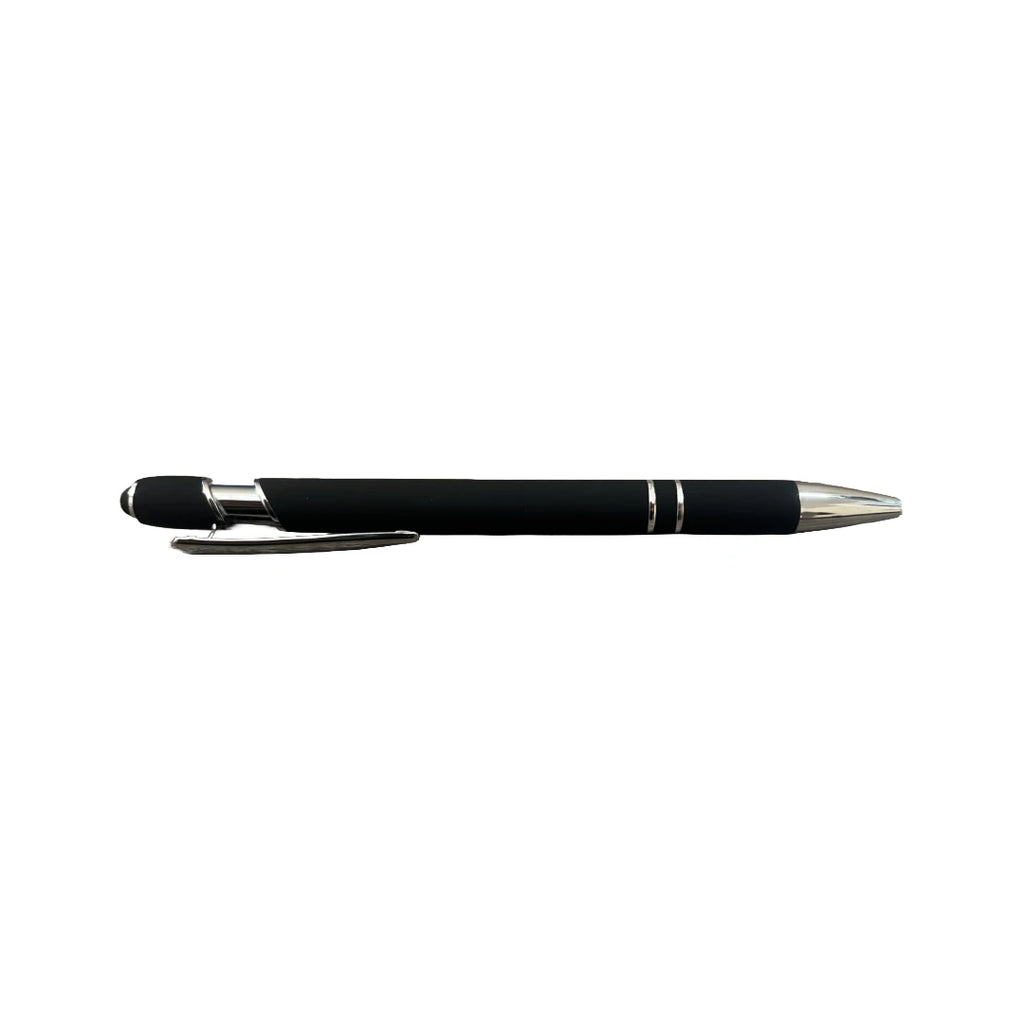 Black soft touch stylus pen with chrome accents and stylus tip