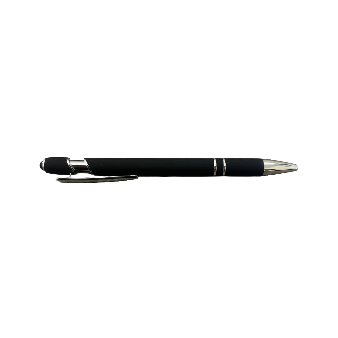 Black soft touch stylus pen with chrome accents and stylus tip