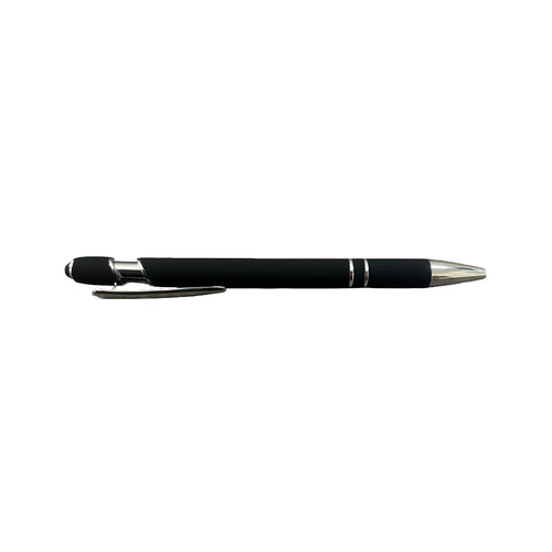 Black soft touch stylus pen with chrome accents and stylus tip
